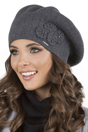 Vivisence Women's Beret Stylish And Elegant With Classic Design And Floral Decoration Made From Warm And Soft Wool For Ladies Perfect For Winter And Everyday Use, Dark Grey