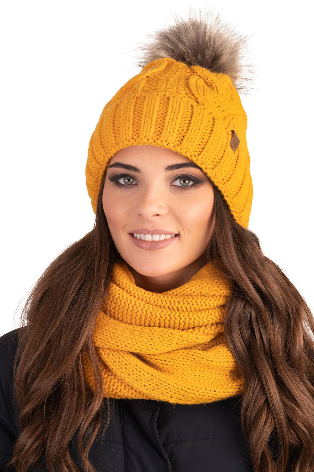 Vivisence Damen Winter Set Bommelmütze Loop Schal Handschuhe Warm Elegant, honig
