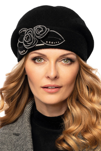 Vivisence Handmade Elegant Women's Cap With Floral Applique And Beads Decorative Folds Made From Warm Wool Static-Free Design Perfect Fit Ideal For Cold Winter Days, black