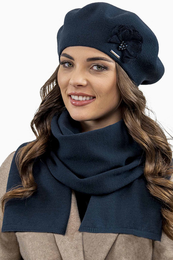 Vivisence Elegant Women's Winter Set Classic Beret And Matching Wool Scarf Made From Warm And Soft Fabric Ideal For Cold Winter And Autumn Weather, Dark Blue