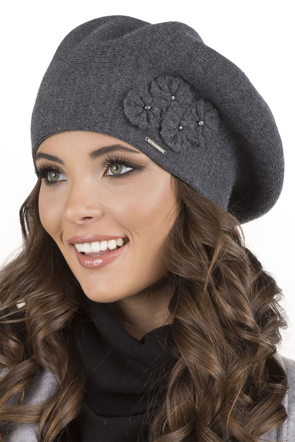 Vivisence Damen Mütze mit Schal Mit Blume Applikation Wärme An Wintertagen 7006, dunkelgrau