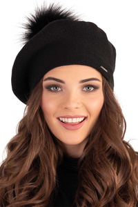 Vivisence Women Beret Wool Blend Faux Fur Pompom Elegant Warm Winter Hat 7035, black