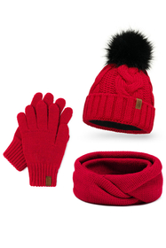 Vivisence Damen Winter Set Bommelmütze Loop Schal Handschuhe Warm Elegant, rot
