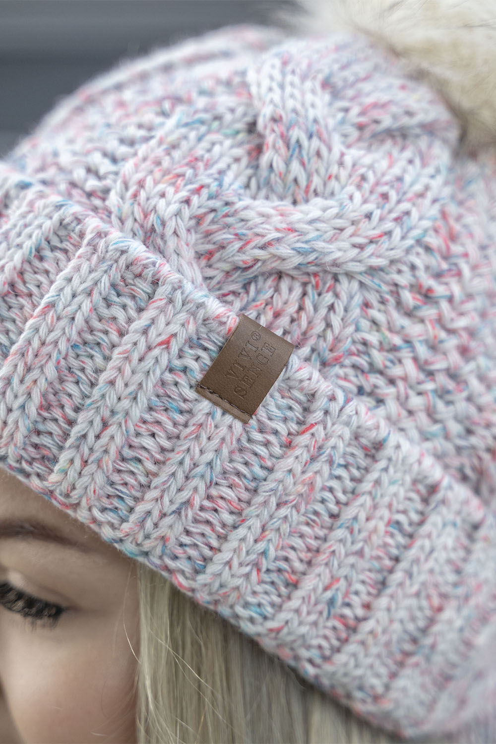 Vivisence Winter Hat With Pom Pom For Women Warm Ideal For Cold Days 7014, white melange