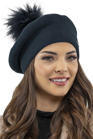 Vivisence Damen Baskenmütze Schal Set Bommel Wolle Warm Elegant Winter 7035Kmpl, dunkelblau