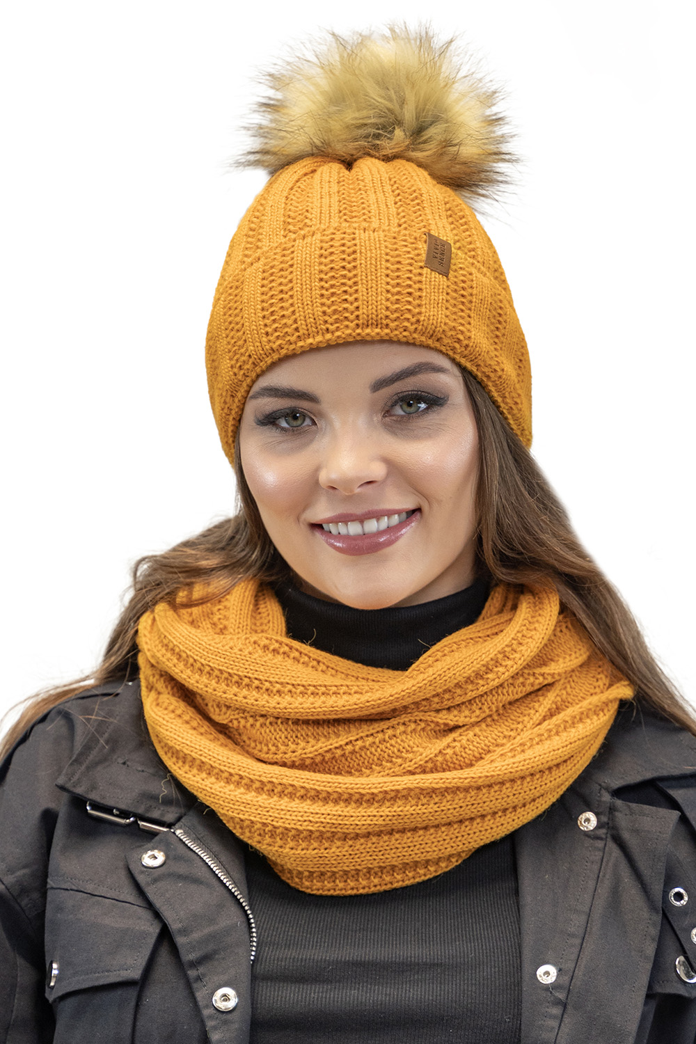 Vivisence Women's Pom Pom Hat Fleece Lined Faux Fur Pom Knitted 7019, honey