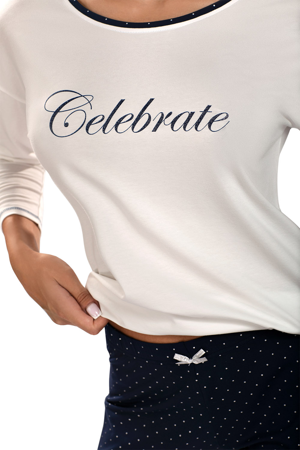 Vivisence Damen Pyjama Schlafanzug Langarm Nachtwäsche  2teilig Set Bequem 2029, ecru/dunkelblau