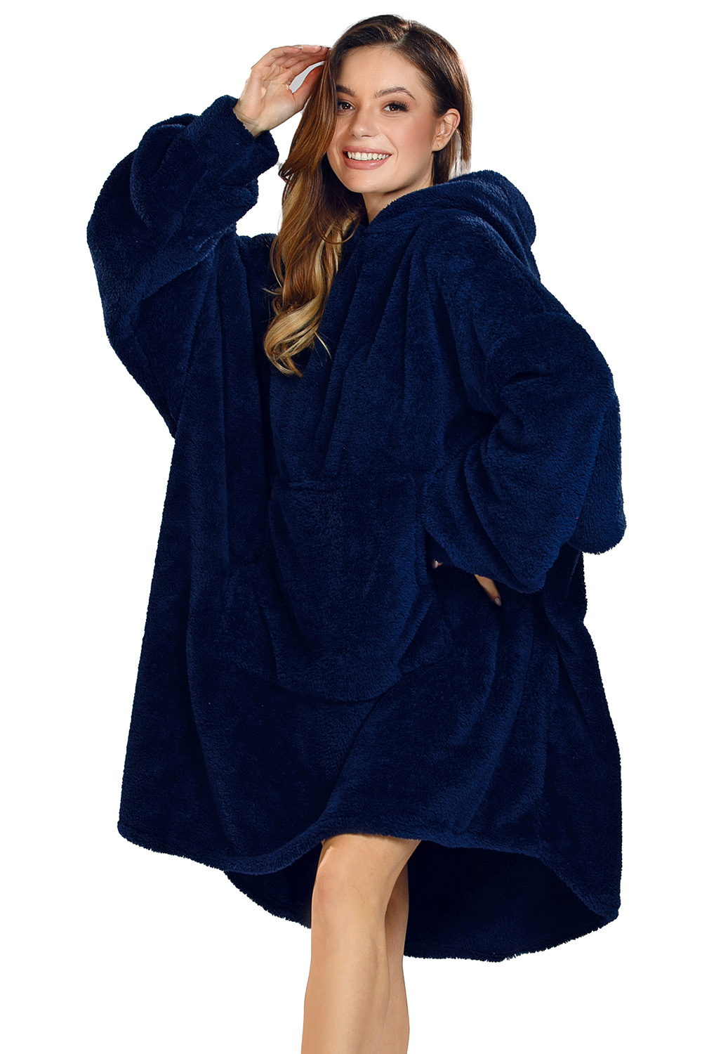 Vivisence Damen Deckenpullover Kapuze Langarm Warm Flauschig One Size 5028, dunkelblau