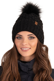 Vivisence Pom Pom Hat For Women Fleece Lined Knitted Winter Style 7015, black